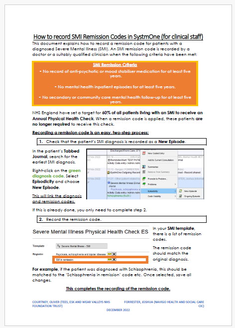 How to record SMI Remission Codes in SystmOne (for clinical staff)